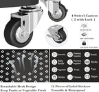 UDEAR 3-Tier Rolling Utility Cart with 12 Category Labels,Multifunctional Comagtable Rolling Shelving with Handle and Lockable Wheels for Room,Office,Kitchen,Bathroom,Black