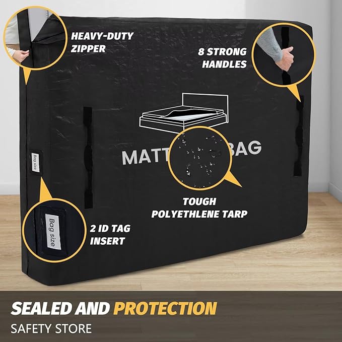 Mattress Bags for Moving and Storage, BETU Full Size Waterproof Mattress Protector Mattress Cover with 8 Heavy Duty Handles and Zipper Extra Thick Moving Supplies for Bed Reusable (77x57x13.5 Black)