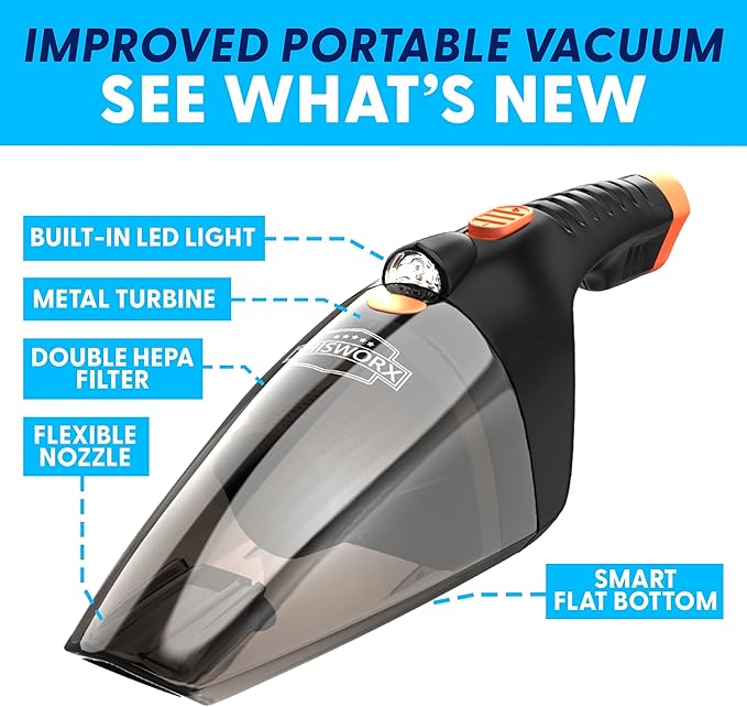 ThisWorx Car Vacuum Cleaner 2.0, Portable Handheld Mini Vacuums Cleaner W/ 16ft Cord, LED Light, Bag, & Attachments- Small Vac for RV, Boats, Travel, Car Accessories, Lightweight