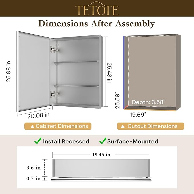 TETOTE 20 x 26 Bathroom Mirror with Storage with Tempered Beveled Mirror Silver Medicine Cabinet Aluminum Cabinet DTC Hinges, Stepless Adjustable Shelves, Recessed/Surface-Mounted