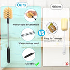 3 in 1 Stainless Steel Long Handled Water Bottle Brush Set, Kitchen Scrubber Cleaning Brush for Mugs, Coffee Cups, Glassware, Wine Glasses, Wake-Ups, with Straw Cleaner, Brown