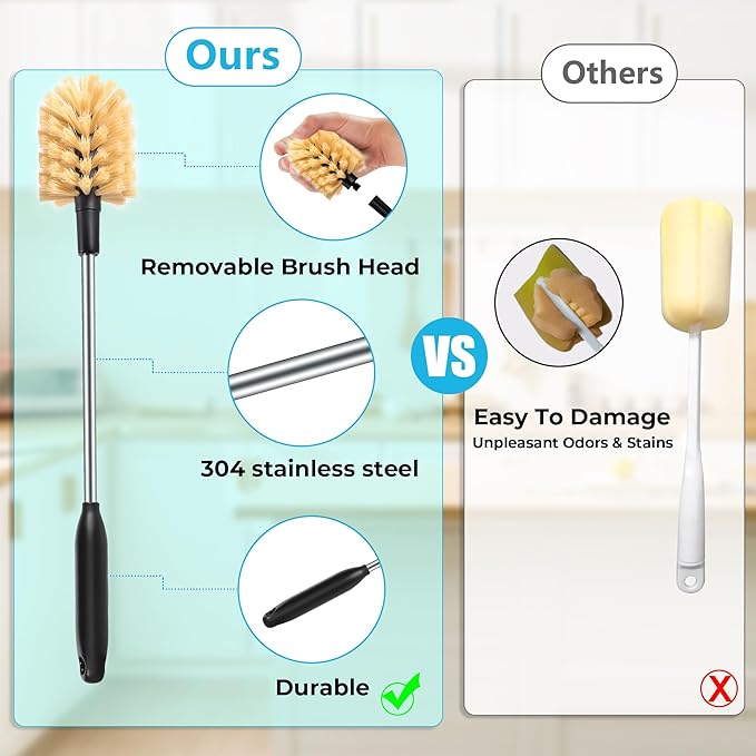 3 in 1 Stainless Steel Long Handled Water Bottle Brush Set, Kitchen Scrubber Cleaning Brush for Mugs, Coffee Cups, Glassware, Wine Glasses, Wake-Ups, with Straw Cleaner, Brown