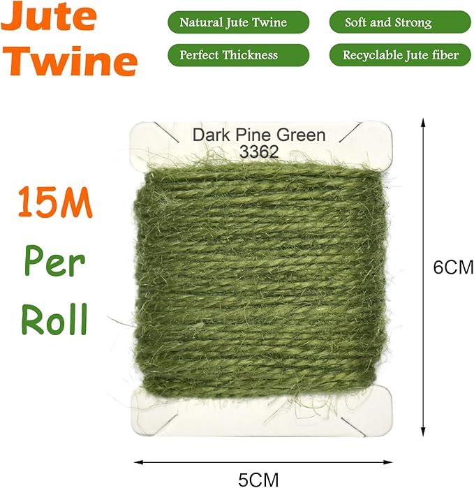 Jute Twine 15m Long Twine String for Crafts Gift Wrapping Packing Gardening Crochet Knitting Macrame Decor (Dark Pine Green)