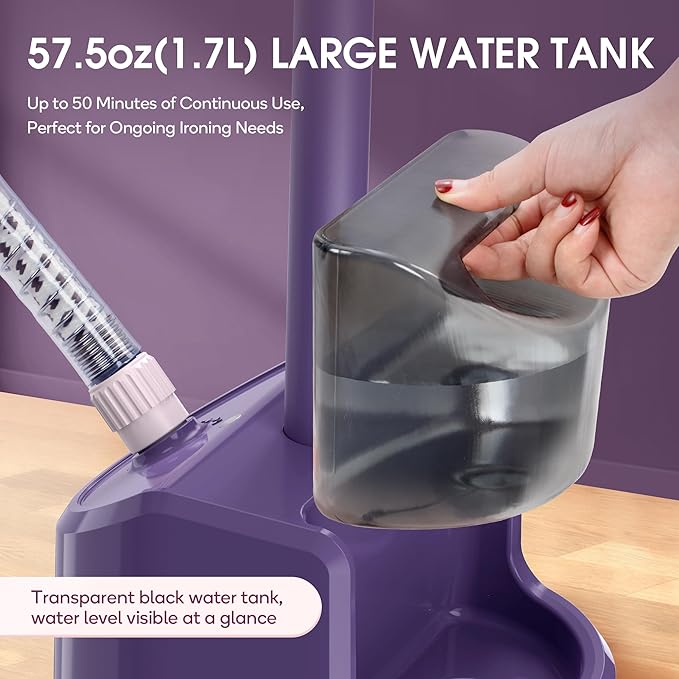Newbealer Standing Garment Steamer - 1500W Full-Size Vertical Clothes Steamer with Foot Pedal, 57.5oz (1.7L) Large Water Tank, 45s Fast Heat-Up, 50-Min Powerful Steaming, Auto-Off (Purple)