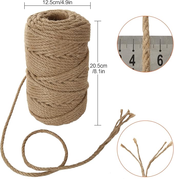328ft Jute Twine 6mm 4-Ply Natural Thick Jute Rope 1/4' Heavy Duty Hemp for Cat Scratch Post, DIY Art Craft, Gardening, Home Decorating, Gift Wrapping