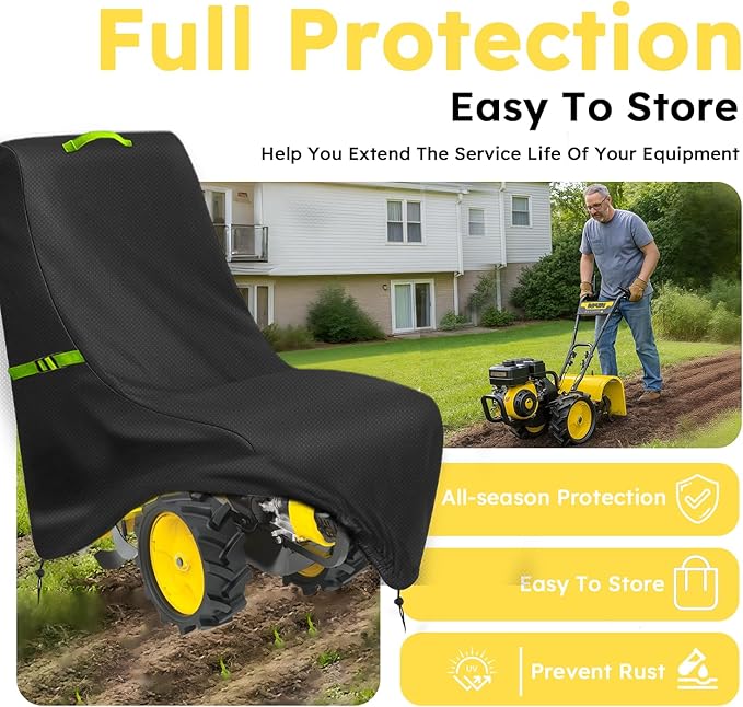 Tiller Cover, Rototiller Covers, 420D Silver-Coated Waterproof Fabric, Adjustable Drawstring Hem, Green Handle & Rear Waist Band – Fits Most Tillers (Black, Gas Tiller Cover)