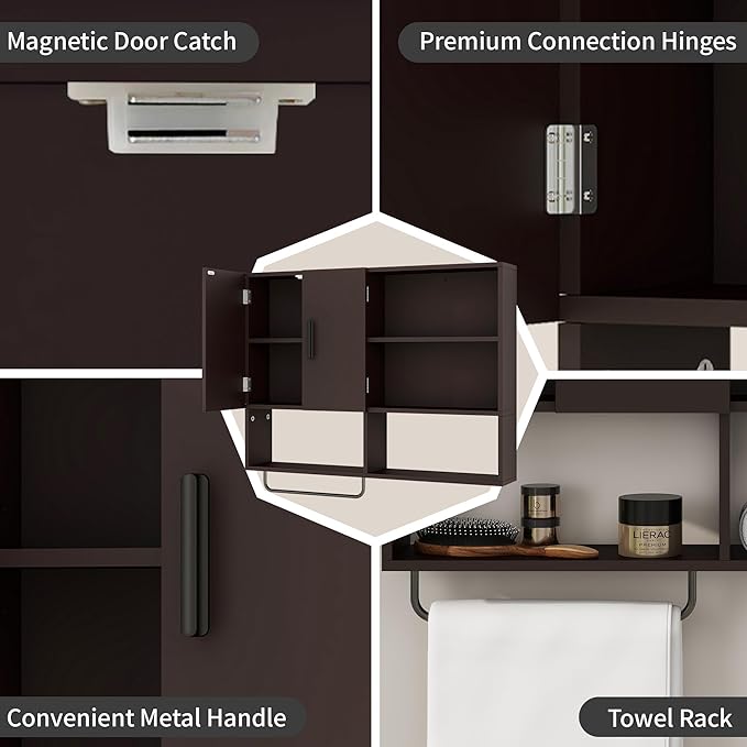 Wooden Bathroom Organizers, Over The Toilet Storage Cabinet with 2 Doors, Adjustable Shelves & Towel Bar, Wall Mounted Medicine Cabinet for Kitchen & Laundry, Espresso