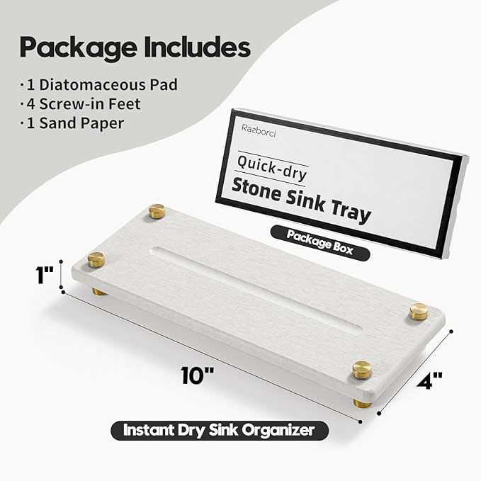 Water Absorbing Stone Sink Caddy Kitchen Sink Organizer Tray, Diatomite Bathroom Counter Tray, Gold Faucet Drying Mat Coaster Soap Dish Rack Riser Dispenser Sponge Holder, Beige 10" x 4"