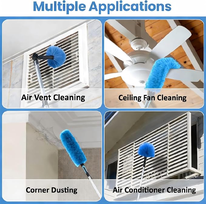 20ft High Ceiling Duster Kits with 5-12ft Heavy Duty Extension Pole - Fan Blade Cleaner, Cobweb Remover & Blue Window Squeegee Kit, Washable Dust Brush for High Roof and Glass Surfaces