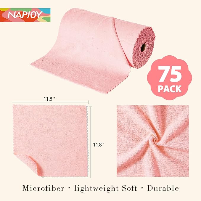 Napjoy Microfiber Cleaning Cloth Roll, 75PK Easy Tear Away Reusable Paper Towels, 12" x 12", Ultra Soft Micro Fiber Dish Cloths for Kitchen, Housekeeping, Window, Car, Garden, Bathroom, Pink