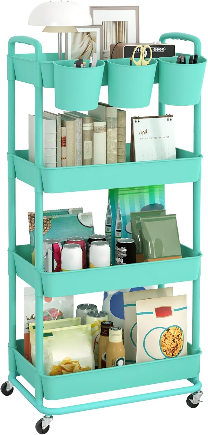 JIUYOTREE 4-Tier Plastic Rolling Storage Cart Utility Cart with Extra Hanging Cups Handles Lockable Wheels for Living Room Bathroom Kitchen Office Green