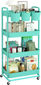 JIUYOTREE 4-Tier Plastic Rolling Storage Cart Utility Cart with Extra Hanging Cups Handles Lockable Wheels for Living Room Bathroom Kitchen Office Green