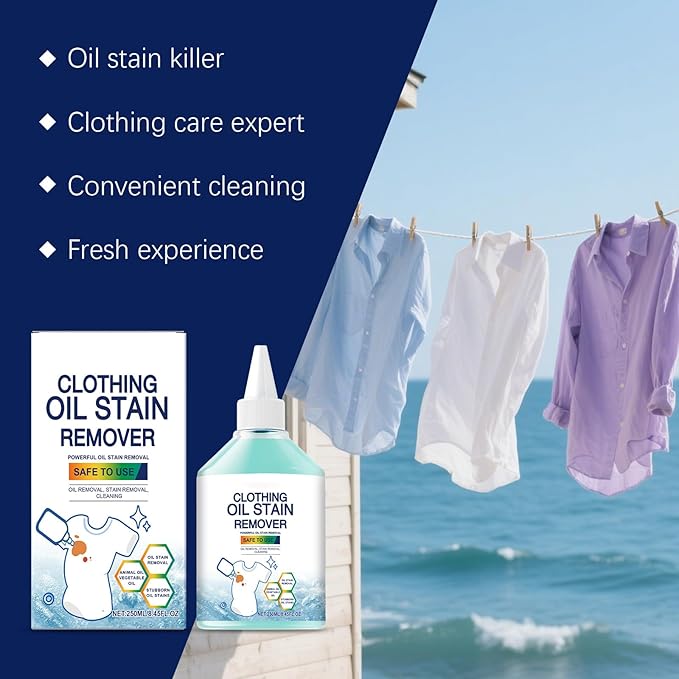 Oil and Stain Remover for Clothes, 8 FL OZ, Gentle Fabric Cleaner, Quick and Easy Grease Removal, Fabric Stain Remover For Cooking, Engine, Dried Oil And Grease Stains, Safe for All Fabric Types