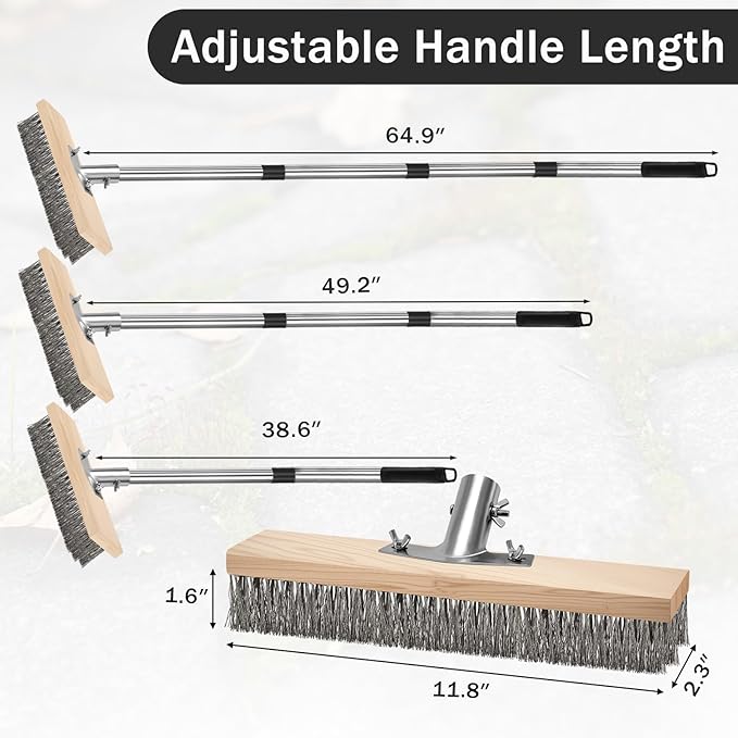 Stainless Steel Pool Scrub Brush with Adjustable Handle, Heavy Duty Stiff Bristle Scrubber for Rough Surfaces, Moss Removal, and Tough Stains on Concrete, Grout, Patio, Garage & Pool