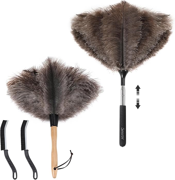 Soarer Ostrich Feather Duster - 40inch Extendable Feather Duster and 14 inch Handle Feather Duster 2pcs Cleaning Brush for Cleaning Supplies,Ceiling Fan, Crafts, Blinds, Furniture