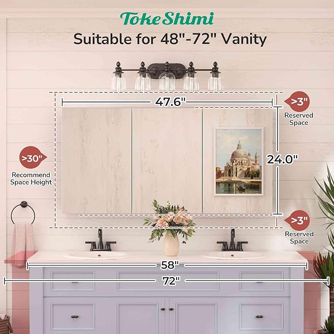 TokeShimi 48x24 Bathroom Medicine Cabinet with Mirror Tempered, Aluminum Silver Mirrored Medicine Cabinet Recessed or Surface Mount with Adjustable Storage Metal for Modern Farmhouse