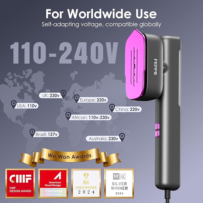 FEPPO Travel Steamer for Clothes, 110-240V Dual Voltage Portable Steamer & Iron 2 in 1, Fast Heat Up, 1100W Powerful Garment Steamer, Large Ceramic Heat Panel for Home & Global & Europe Traveling