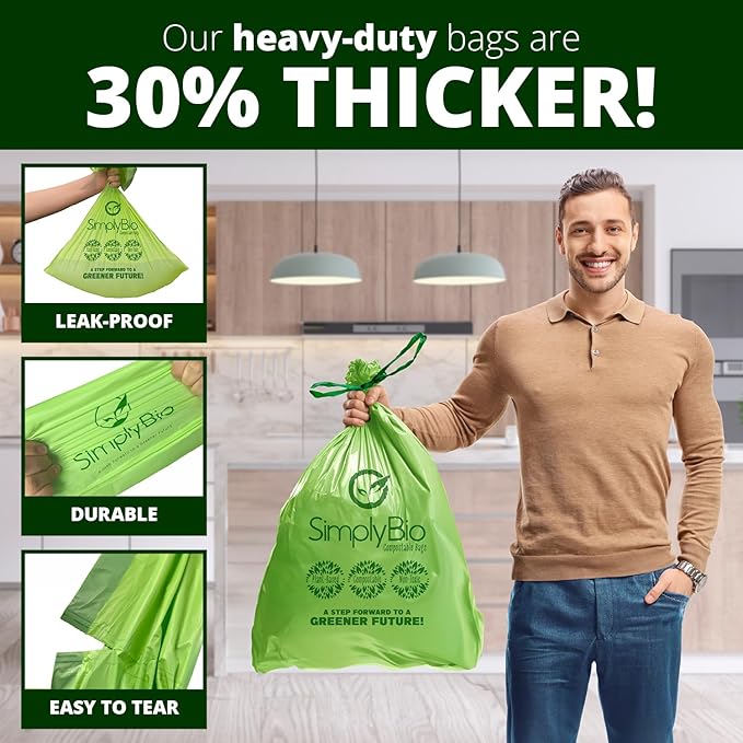 13 Gallon Compostable Trash Bags Liners Drawstring, Heavy Duty Extra Thick 1 Mil, 49.21 Liter, 30 Bags, Tall Kitchen Food Scrap Waste Bag, ASTM D6400, US BPI and OK Compost Home Certified