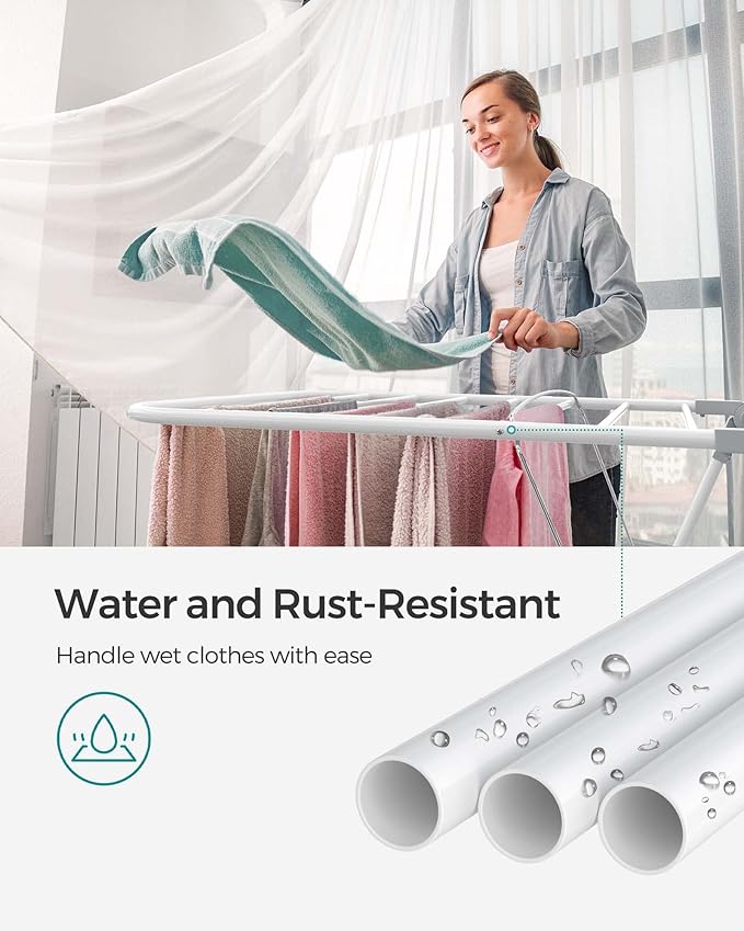 SONGMICS Clothes Drying Rack, with Sock Clips, Metal Laundry Rack, Foldable, Space-Saving, Free-Standing Airer, with 2 Height-Adjustable Gullwings, Indoor Outdoor Use, White and Gray ULLR052W02