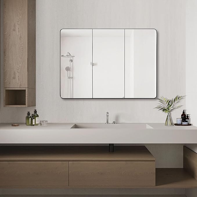 Bathroom Mirror Medicine Cabinet with Round Corner Framed Door 48 x 30 inch, Black，Recessed or Surface Mount, with Adjustable Glass Shelves