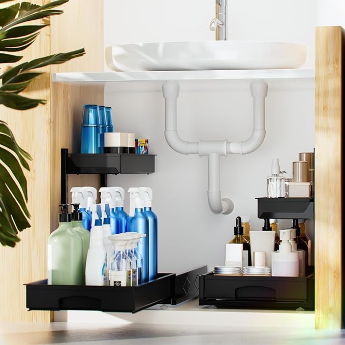 Metal Under Sink Organizers and Storage, 2 Pack Under Bathroom Sink Organizer, 2 Tier Pull out Cabinet Organizer, Adjustable Under Sink Organizer, Under Sink Storage for Bathroom, Black