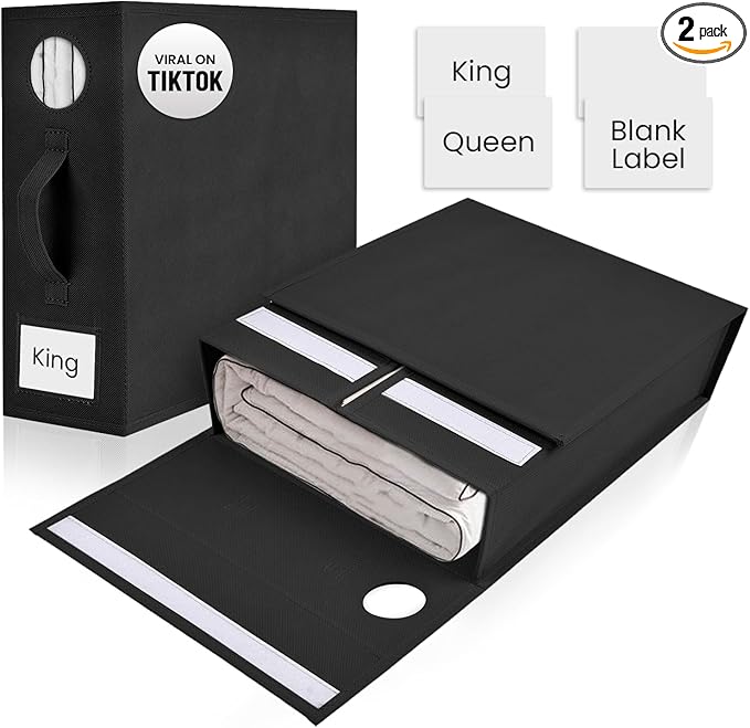 2 Pack Bed Sheet Organizer and Storage, Foldable Storage Bed Sheet Organizer for Linen Closet with Viewing Window & Label for Bedding Sheets & Blankets (Queen & King Size) Black