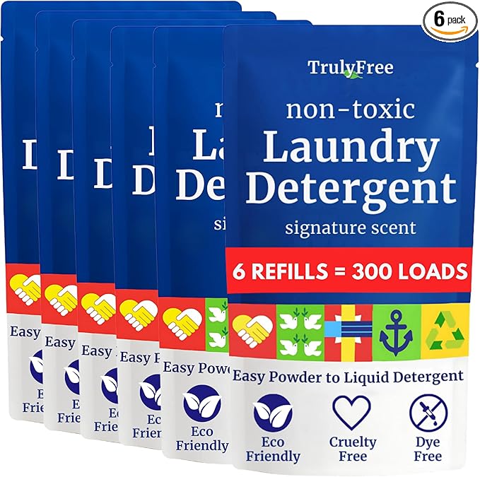 Natural Laundry Detergent for Sensitive Skin | Eco Friendly, Plant Based, Baby Clothes Safe | Clean & Easy Powder to Liquid, 6 Pack Refill Detergent, NO Jug | Signature Scent, 300 Loads