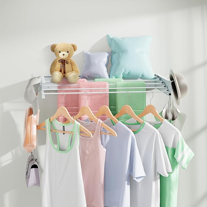 Wall Mounted Drying Rack 31.5", Foldable Laundry Clothes Drying Rack with 6 Towel Hooks and 5 Rods for Hanging Clothes, Space Saving for Indoor Outdoor Bathroom Balcony Laundry Room(31.5")