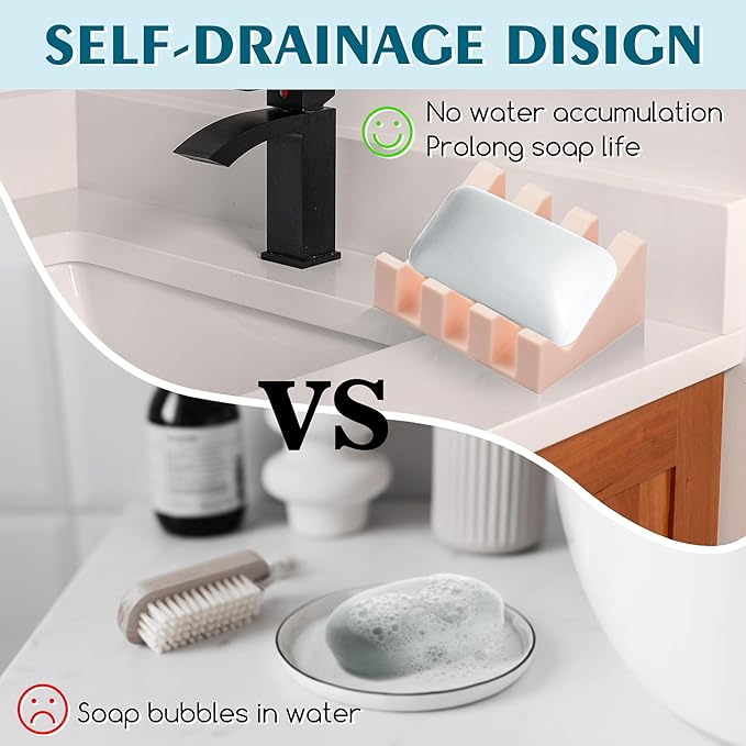 Silicone Soap Dish with Drain, Upgrade Double Suction Cups at The Bottom for Anti-Slip and Stability, Soap Dish Shower Waterfall Bar Soap Holder Tray with Drain Soap Holder (3, Pink)