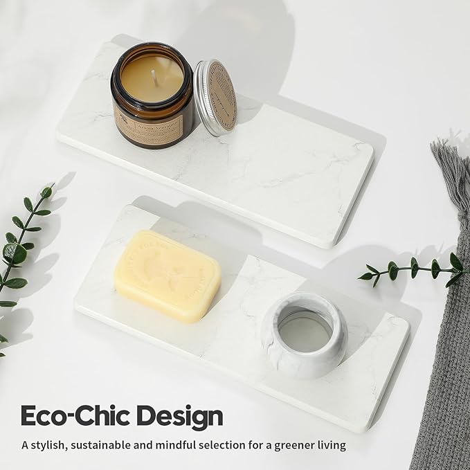 2PCS Diatomite Marble Tray Quick Drying Mat for Kitchen Counter, Water Absorbing Stone Vanity Caddy for Bathroom Sink,Faucet Splash Guard,Soap Dispenser Rack Sponge Holder Organizer, White, 9"x3.5"