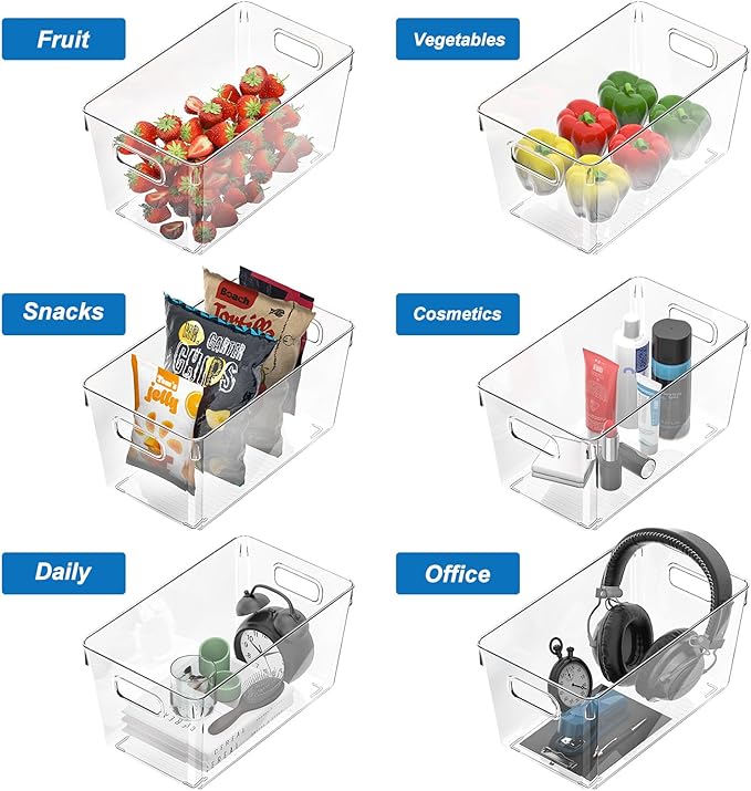 4 Pack Plastic Storage Bins with Lids, Clear Stackable Organizer with Handle, Kitchen Pantry Organizers and Storage, Perfect for Pantry, Refrigerator, Fridge, Bathroom, Cabinet, Closet, Kitchen