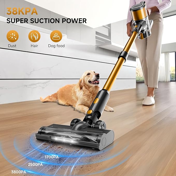 Cordless Vacuum Cleaner,55Mins/Powerful Vacuum Cleaners for Home,Stick Vacuums with 8 in 1,Touch Screen,LED Headlights, Anti-Tangle,Rechargeable,Lightweight for Carpet,Hard Floor, Pet Hair,Gold