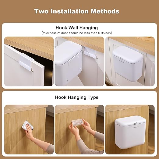 funest Hanging Trash Can 1.8Gal with Lid - Under Sink & Wall Mount Compost Bin, ABS Plastic Kitchen Waste Basket for Cabinet/RV/Bathroom (White)