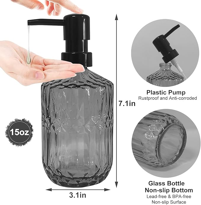 Grey Glass Soap Dispenser with Black Pump, 15oz Liquid Hand Dispenser, Refillable Lotion Dish Soap Dispenser for Modern Home Decor, Bathroom, Kitchen Countertop, Hotel
