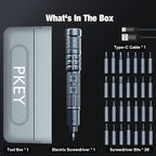 PKEY Cordless Electric Screwdriver Set, Mini Electric Screwdriver, 28 Magnetic Bits, 3 Gears Torque, Two batteries，Rechargeable Portable Repair Tool Kit for Electronics Laptops Clocks Glasses Camera