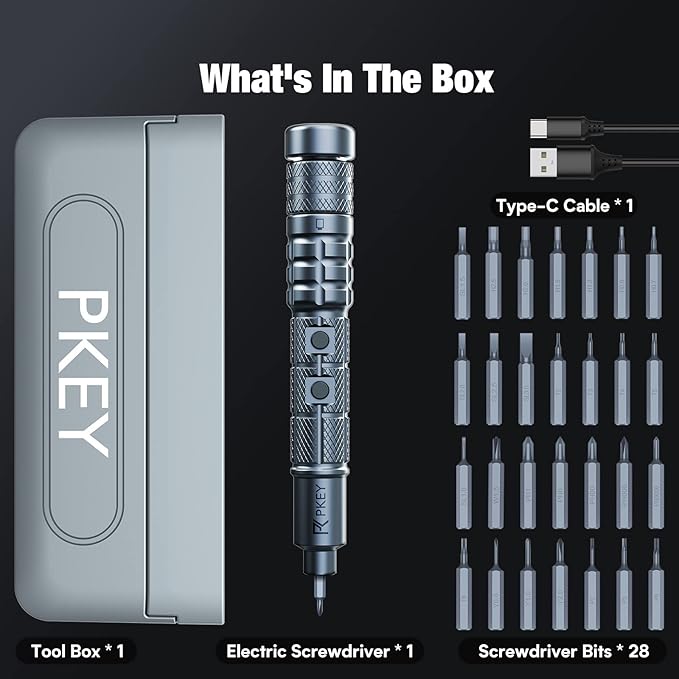 PKEY Cordless Electric Screwdriver Set, Mini Electric Screwdriver, 28 Magnetic Bits, 3 Gears Torque, Two batteries，Rechargeable Portable Repair Tool Kit for Electronics Laptops Clocks Glasses Camera