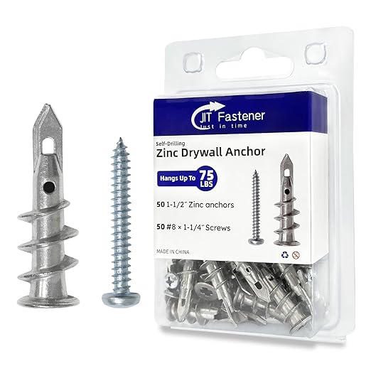#8 * 1-1/2" Self Drilling Zinc Alloy Drywall Anchors, Strong Hold Wall Anchors, 50PCS Heavy Duty Wall Anchors and 50PCS Screws for Drywall, 75 LBS Hanging