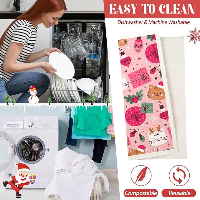 6 Pack Swedish Dishcloths for Kitchen |Watercolor Dish Towels | Reusable Paper Towels Washable | Non-Scratch Cellulose Sponge Cloths | No Odor, Biodegradable, Swedish Cloths, Pink Cat