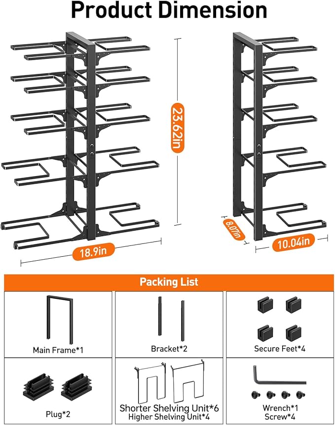 ORDORA 10-Tier Pots and Pans Organizer under Cabinet, Kitchen Cabinet Organizers and Storage, Heavy Duty Pots and Pan Storage Rack Organizer inside Cabinet, Adjustable
