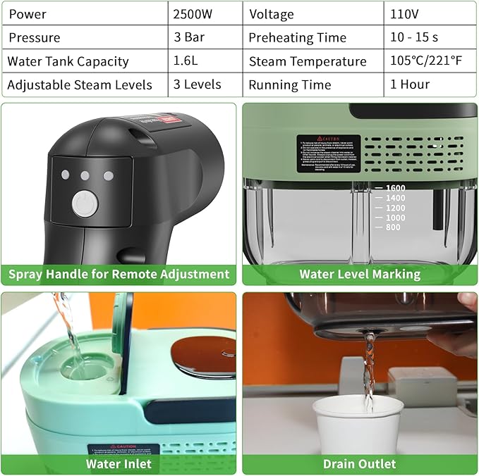 Handheld Steam Cleaner for Home, 2500W High Temperature Pressurized Machine, 1.6L Water Tank, Handle-Controlled Steam Output, Portable Cleaning Steamer for Car, Bed Bugs, Furniture, Grout (Green)