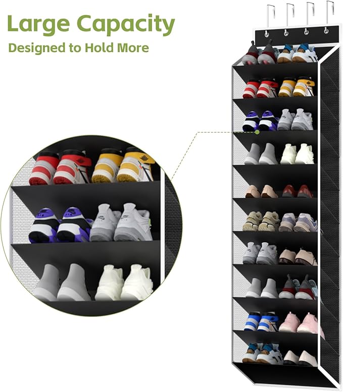 KEEPJOY 10 Tiers Mesh Over Door Shoe Organizer Storage, Hanging Shoe Holder for Door with Large Deep Pockets, Fit 20-30 Pairs Shoe Rack for Sneakers, Boots(Black)