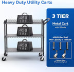 WDT 1350Lbs Capacity Heavy Duty Rolling Utility Cart, Large 3 Tier Rolling Carts with Wheels 24" Dx45 Wx39 H, NSF Commercial Grade Roll Metal Cart, Trolley Serving Cart for Garage, Kitchen, Warehouse