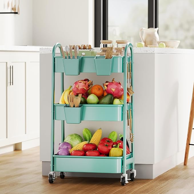 Green 3 Tier Rolling Cart Metal with Lockable Wheels, Three Tiered Craft Cart Organizer on Wheels, Utility Storage Carts for Art, Baby Supplies, Diaper Caddy, Snack, Pantry, Nail, Lash, Cleaning