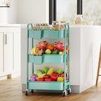 Green 3 Tier Rolling Cart Metal with Lockable Wheels, Three Tiered Craft Cart Organizer on Wheels, Utility Storage Carts for Art, Baby Supplies, Diaper Caddy, Snack, Pantry, Nail, Lash, Cleaning