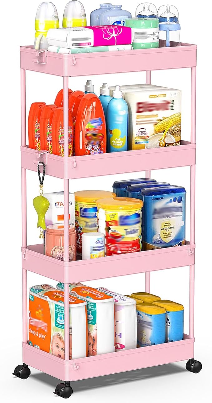 SPACEKEEPER Storage Cart 4-Tier, Bathroom Rolling Cart Utility Storage Organizer Shelf Mobile Shelving Unit for Kitchen Living Room Bathroom Laundry Room & Dressers, Pink