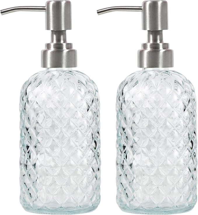 Bathroom & Kitchen Glass Hand and Dish Soap Dispenser with 304 Rustproof Stainless Steel Pump (Clear-2pack)