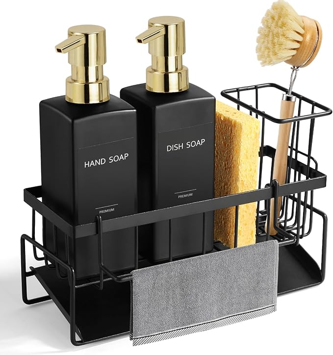 GMISUN Dish Soap Dispenser for Kitchen, 12 Fl oz / 350 ml Kitchen Soap Dispenser with Sponge Holder, Modern Black Glass Soap Dispensers with Gold Pump, Customized Hand and Dish Soap Dispensers Set
