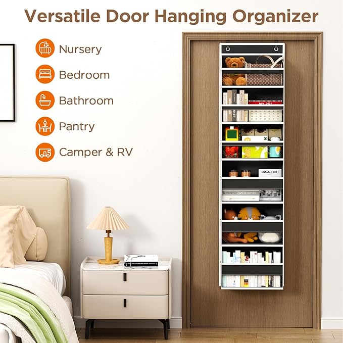Over The Door Organizer, 6 Shelf Door Hanging Organizers with 6 Large Capacity Pockets, Behind Door Storage Hanging Shelves for Closet Wall Bathroom Bedroom Nursery