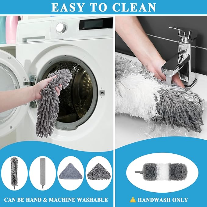 Microfiber Duster Kit 27pcs with 30 to 100 Inches Extension Pole and Wall Cleaner Mop, Washable and Bendable Feather Duster for Cleaning Ceiling Fans, High Ceilings, Cobwebs, Blinds, Grey