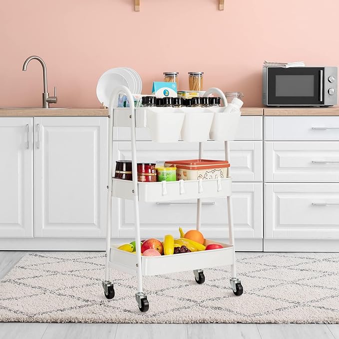danpinera 3-Tier Rolling Cart, Metal Rolling Storage Cart with Lockable Wheels & Hanging Cups & Hooks, Mobile Trolley Cart for Kitchen, Bathroom, Office, Workshop, White